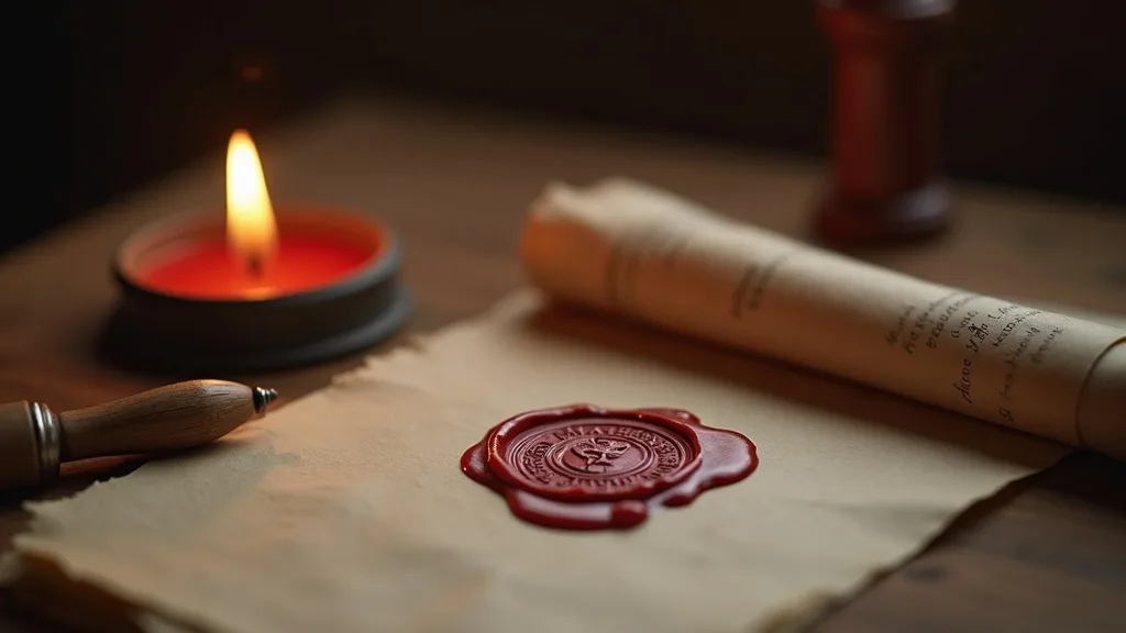 parchemin scellé à la cire rouge et cachet de cire sur bois sombre a Grenoble