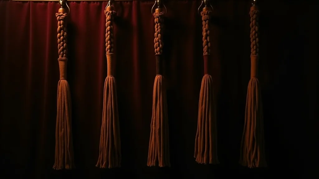 rangée de cinq martinets de daim et cuir suspendus à des crochets de laiton a Grenoble